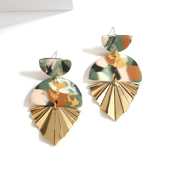 Boho Clay Abstract Gold Accent Fan Dangle Earrings - Picture 1 of 7